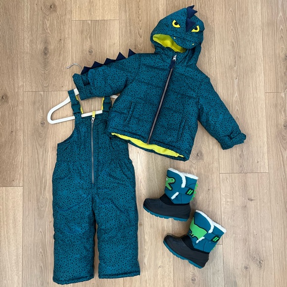 Carter’s Dino Green Dino Snowbib and  Ski Jacket. Cat & Jack snow Boots. - Picture 1 of 6